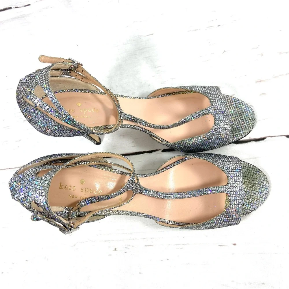 Kate Spade New York Shoes Women’s 10M Silver Pumps T-Strap Glitter Ankle‎ Strap